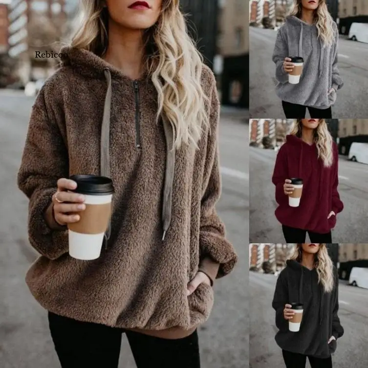 

Autumn And Winter Season New Casual Women Hoodie Zipper Pocket Slim Girl Pullover Solid Color Thickened Ladies Sweatshirt