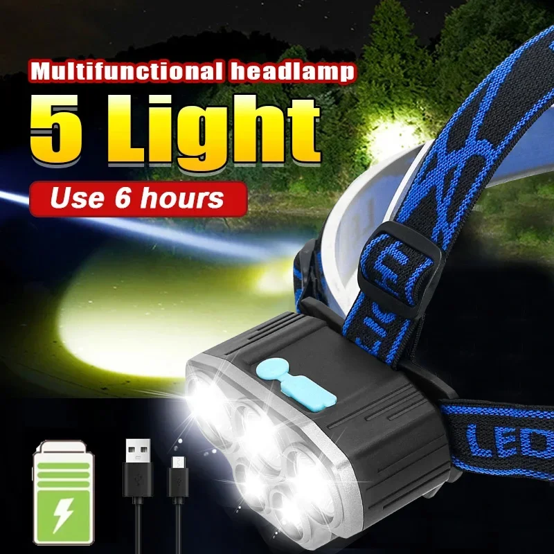 Powerful 5 LED Headlamp USB Rechargeable Headlamp Fishing Head Flashlight Waterproof Hunting Camping Outdoor Run Hiking Light