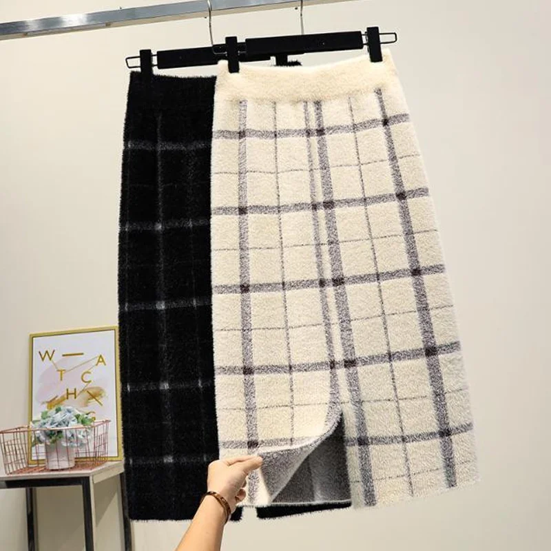 Autumn Winter New High Waist Split Hem A-line Skirt Plaid All-match Elegant Knitting Skirts Fashion Temperament Women Clothing