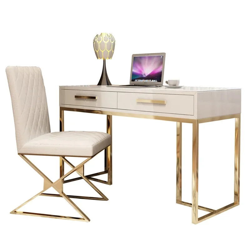 Modern simple light luxury household computer desk painted stainless steel glass writing desk