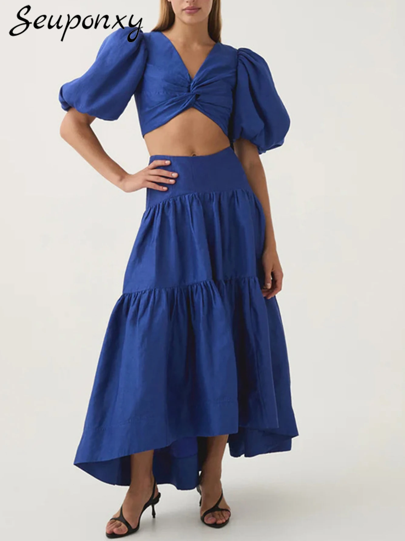 

High Quality 2024 Summer New Women'S Blue Suit Sexy V-Neck Puff Sleeve Short Top+Ruffle Edge Long Skirt Party 2 Two-Piece Set