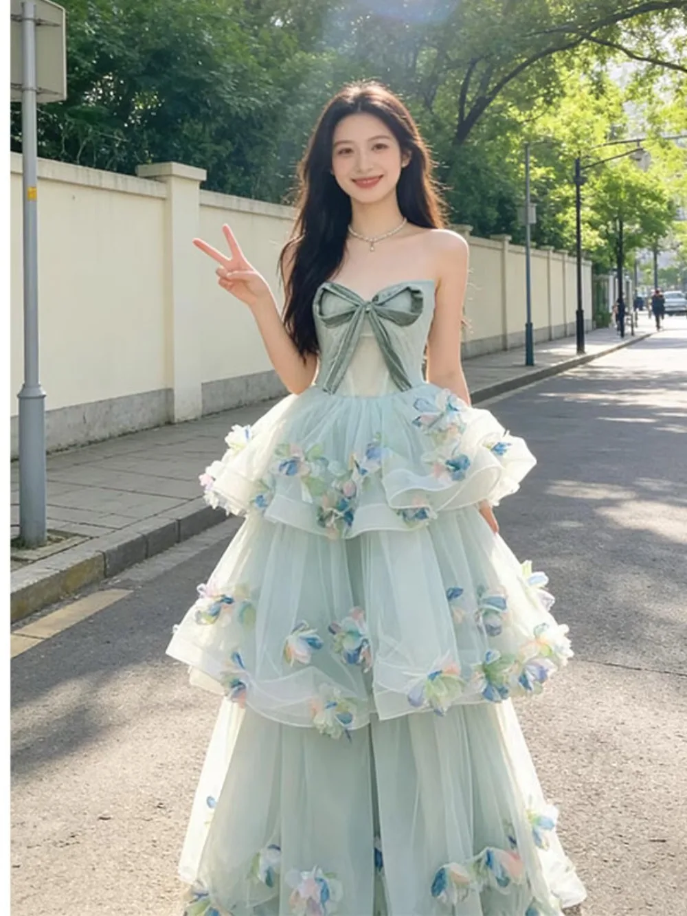

Elegant Princess Prom Dress Women Strapless Evening Dress 3D Flowers Bow Birthday Party Dress Luxury Special Occasion Dresses