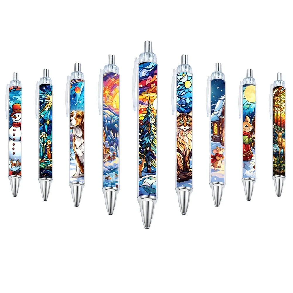 7 pieces of retro colored window winter-themed neutral pens - press-type writing pens - patterned random gift pens