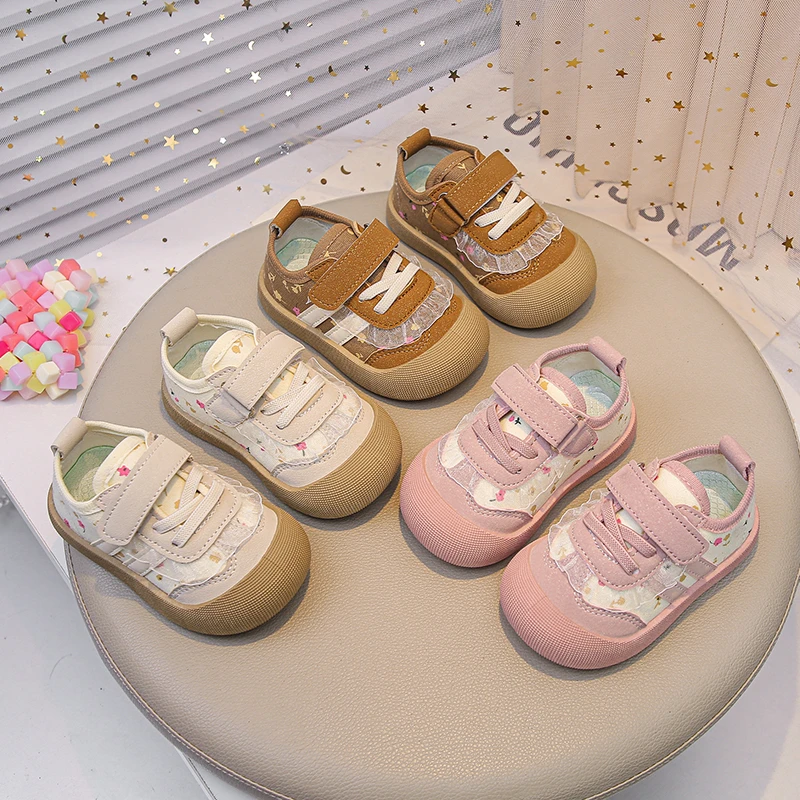 

Kids Girls Floral Lace Canvas Sneakers Adjustable Strap Soft Rubber Sole Shoes for Daily Casual Wear & Outdoor Play Activities