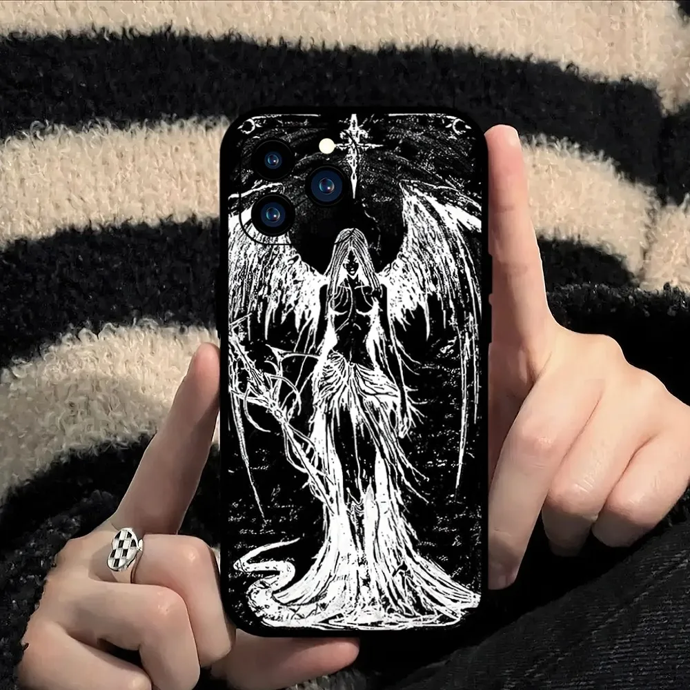 Bloodsacrifice Black Angel Death Demon Phone Case For iPhone Mini 11 12 13 14 15 Pro XS Max X Plus SE XR Black Soft Shell