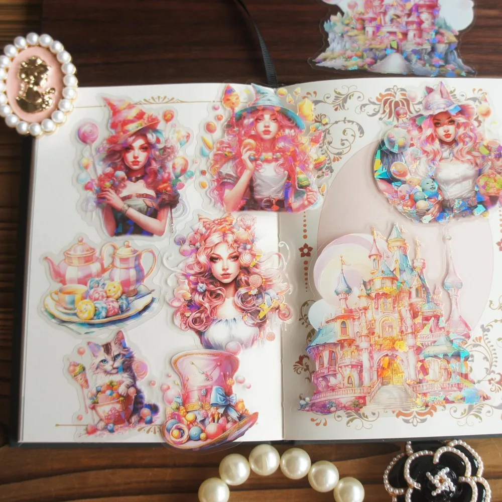 

10pcs Laser Diamond Pattern Alice and Mr. Cat Amusement Park PVC Sticker Scrapbooking DIY Gift Packing Label Decoration Tag