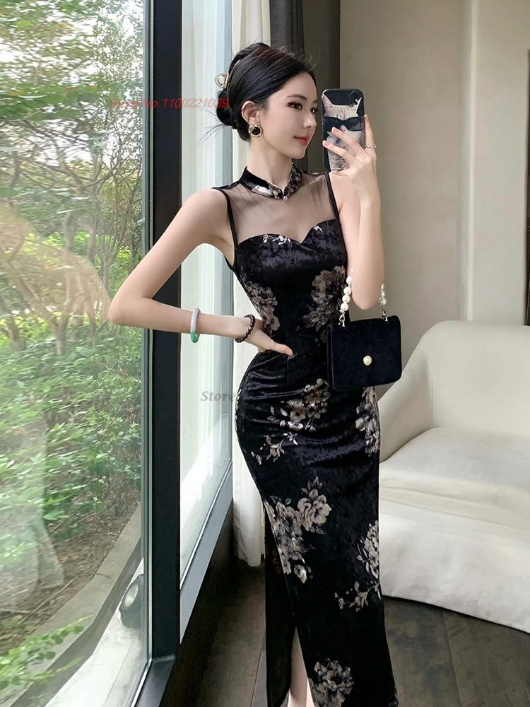 فستان صيني مثير لعام 2025 فستان سهرة مأدبة ملهى ليلي من تشيباو الوطني مطبوع عليه زهور بدون أكمام شبكي مخملي شيونغسام #2