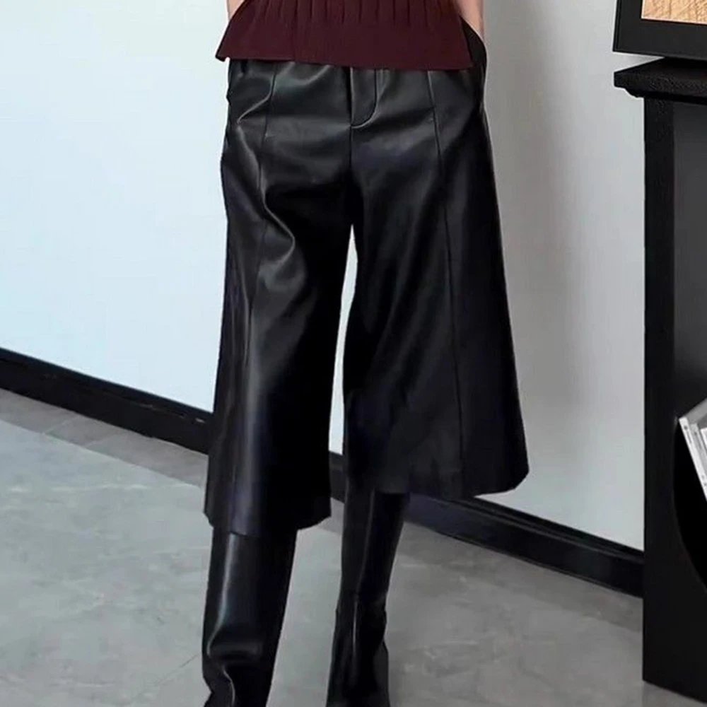 قسط السراويل الجلدية السوداء المرأة الخريف جديد عالية الخصر فضفاضة ورقيقة مزاجه السراويل المستقيمة #2