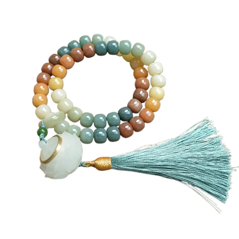 

Natural White Jade Bodhi Root 108 Beads Bracelet Colorful Multi Gem Wrist Mala for Men and Women Gifts