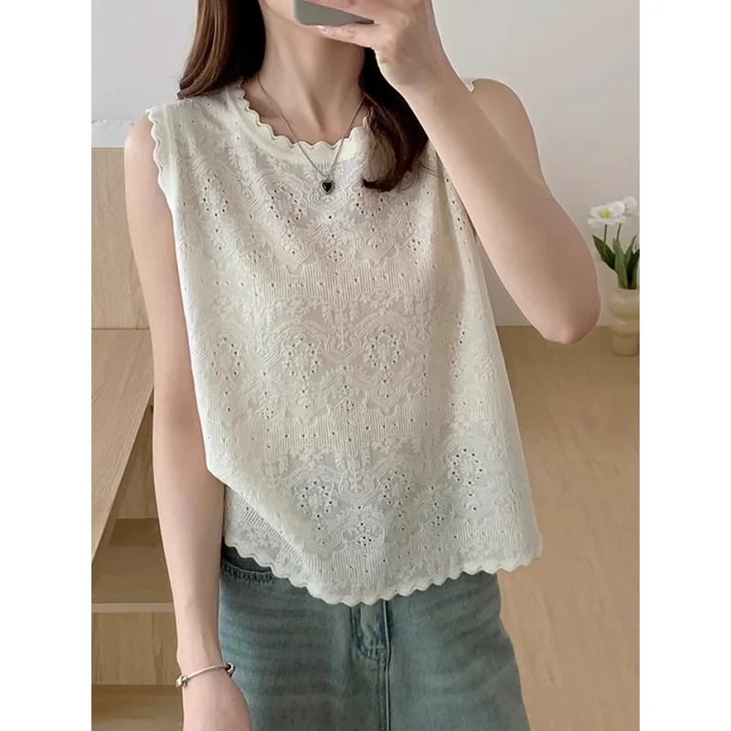 High-grade relief hollow round neck knitted ice silk short sleeve women's summer loose sleeveless top T-shirt thin