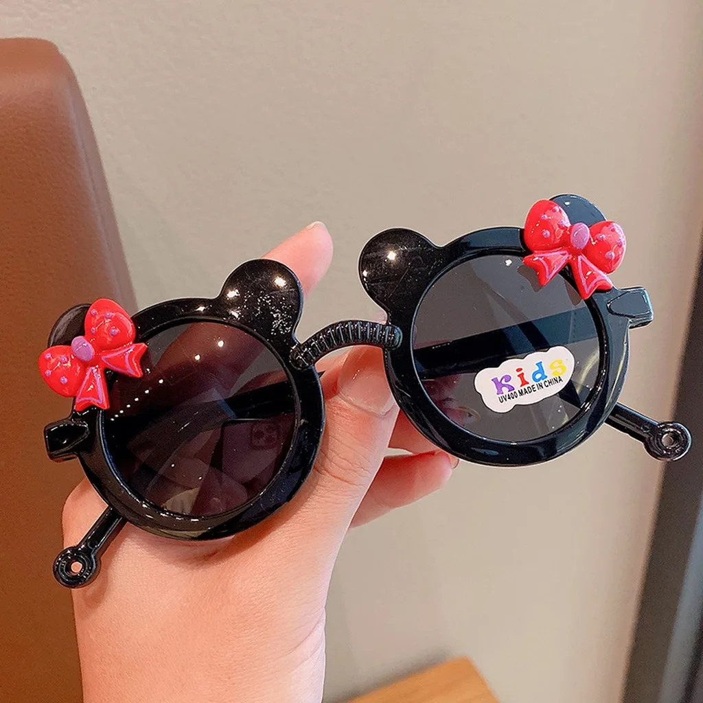 2-8 Years Children Girls UV Protection Birthday Party Decorative Eyewear Cute Bear Bow Round Frame Kids Sunglasses Wholesale