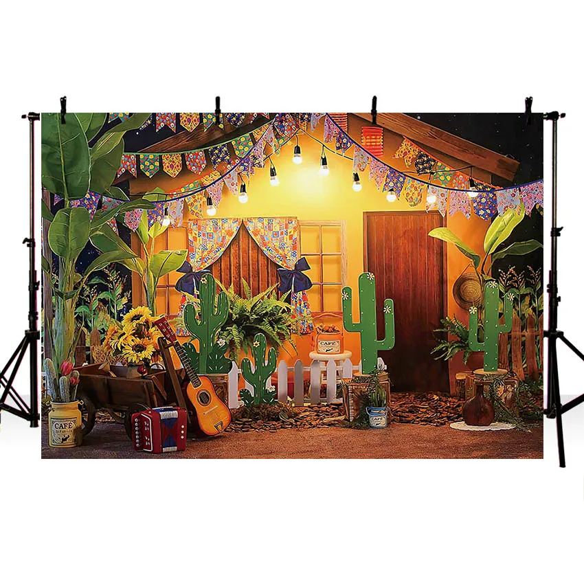 Mehofond Photography Background Mexican Fiesta Flower Cactus Guitar Flags Kid Birthday Party Portrait Decor Backdrop Photo Studi