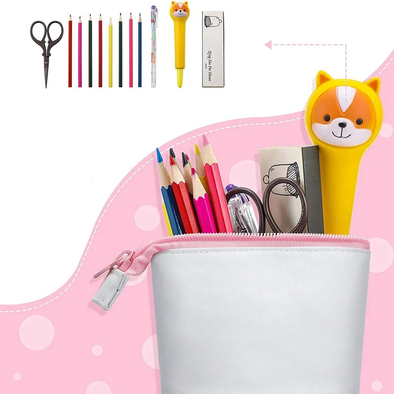 6 Pieces Telescopic Pencil Case Standing Stationery Pencil Holder Canvas Dual-Use -Up Stand Pencil Bags With Zipper B