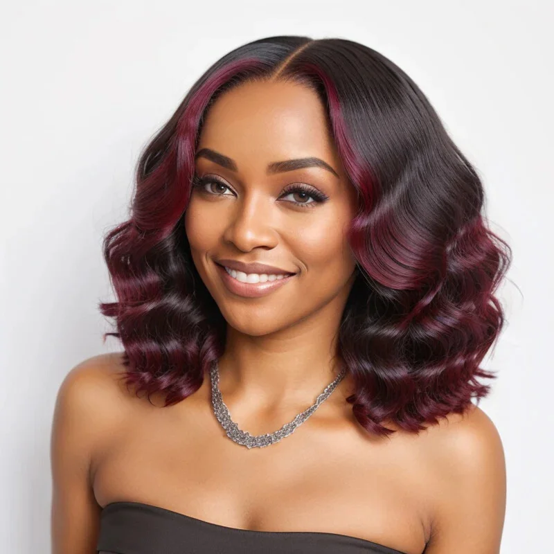 Black Highlight Purple Wig Short Wavy 100%  Hair 13x4 Lace Front Wigs Bob