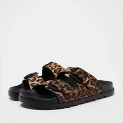 TRAF Leopard Print Buckles Upper Flatform Slippers Women Round Head Open Toe Thick Sole Sandals Leisure Outdoor Slipper For Woman