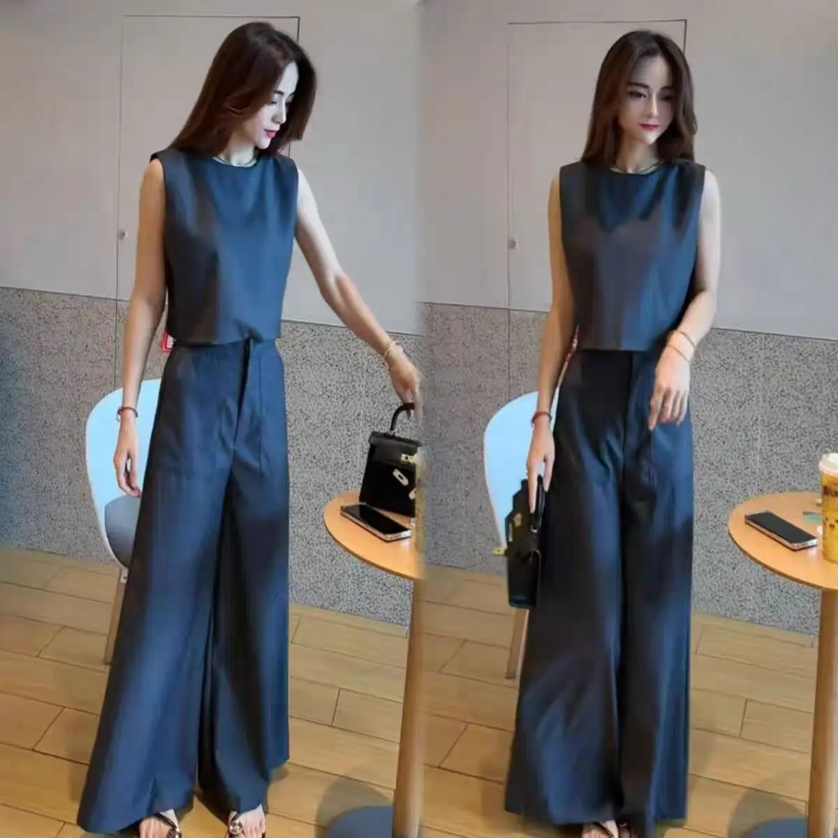 

Korean Simple Fashion Set 2025 Summer New Ladies Sleeveless Short Vest High Waist Wide Leg Pants Two-piece Suit Women Outfit