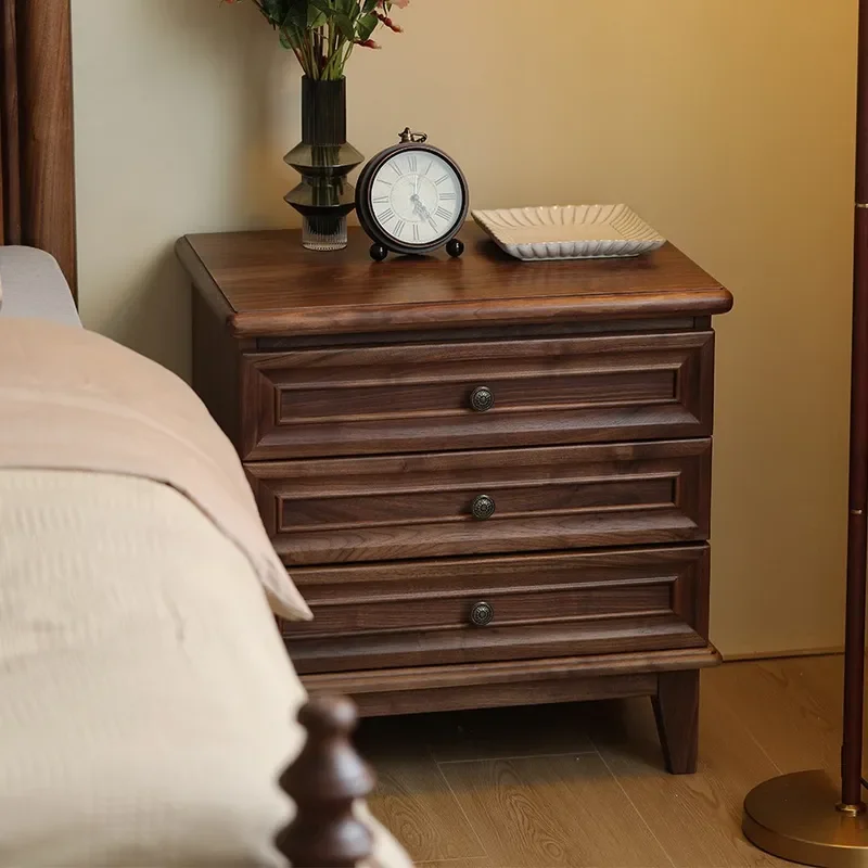 for American Solid Wood Bedside Table Black Walnut Nightstand Modern Simple Storage Cabinet Medieval Style Bedroom Furniture