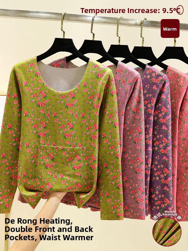 

Thiened Double-Sided Fce Warm Top Women's Winter round Ne Floral Print Innerwear Large Size Dervo Outerwear