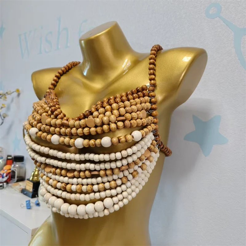 Handgefertigte Holzperlen-Körperkette für Damen, Boho-Stil, mehrlagig, Perlen-Strand-Bikini-Überzug, Festival Y2K Schmuck – Detail 8