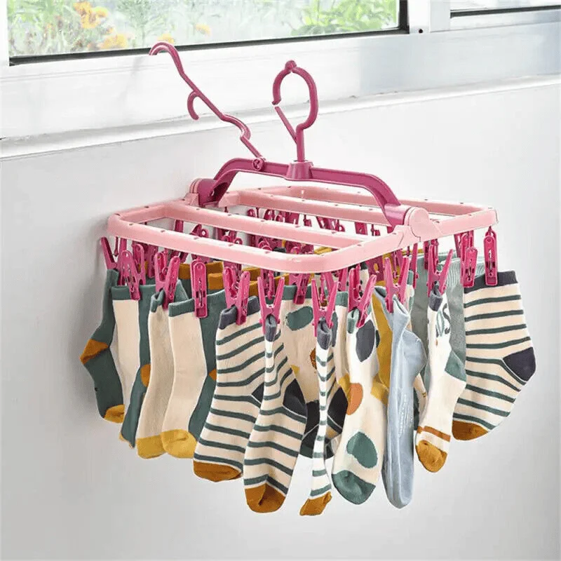 32 Clips Folding Clothes Dryer Hanger Windproof Socks Underwear Drying Rack Household Children Adults Storage Laundry Rack