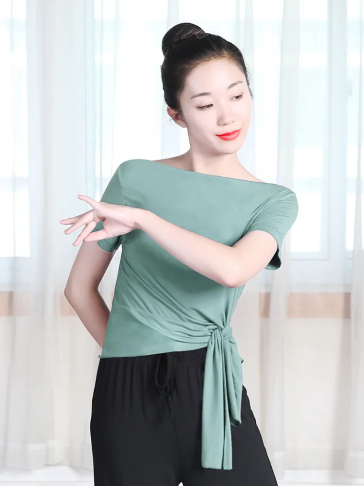 Solid Color Latin Dance Practice Tops Sports Costume Women Waltz Classical Bandage Competition Belly Wear Irregular Jazz T-shirt