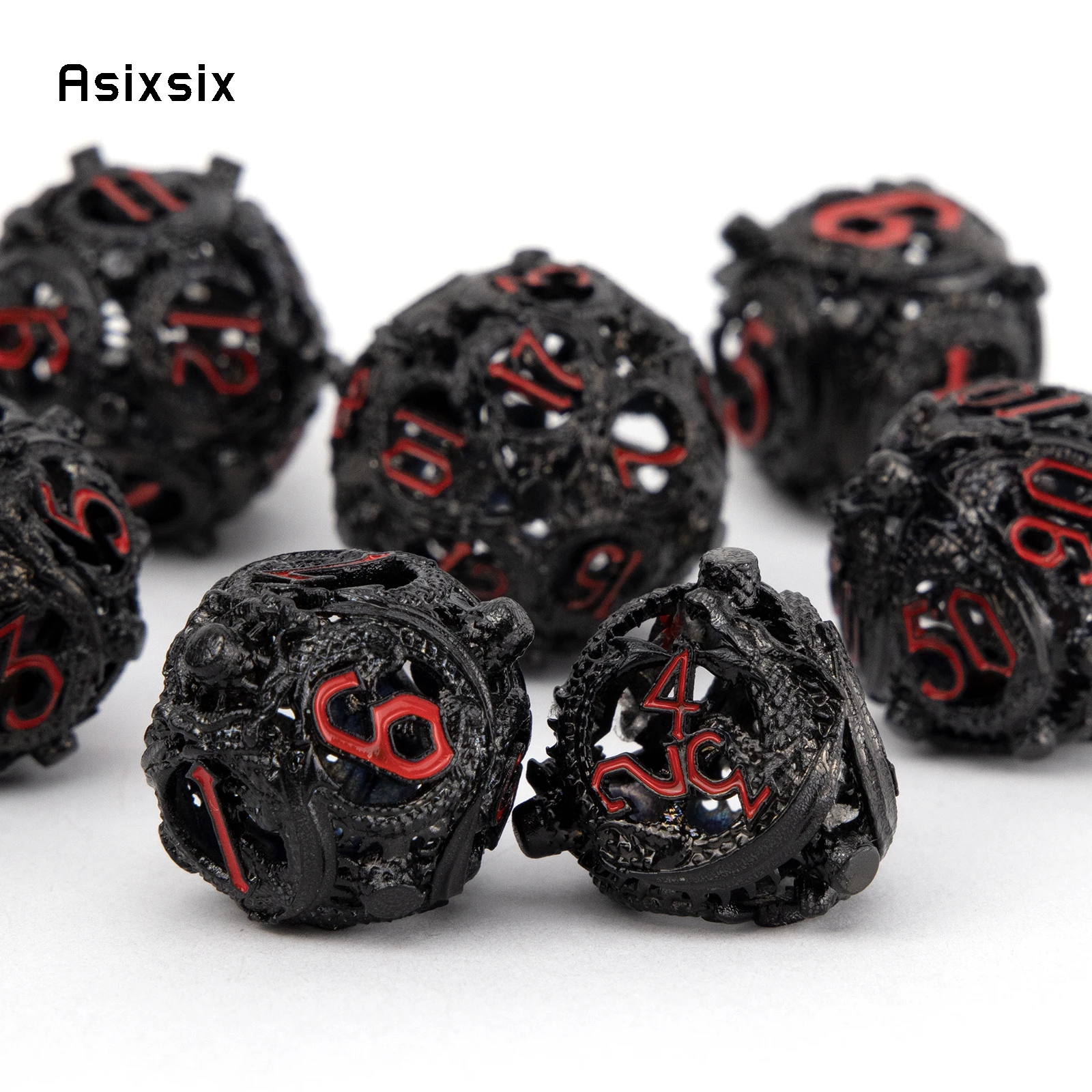 7 قطعة أسود أحمر دائري التنين نرد معدني جوفاء معدنية نرد متعدد السطوح مجموعة مناسبة للعب الأدوار RPG مجلس لعبة ببطاقات الألعاب #5