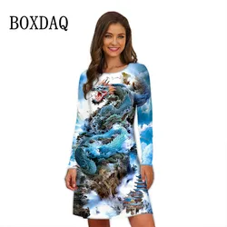 Chinese Dragon Casual Dress Dragons Art Print Fashion Long Sleeve Dresses Women O-Neck Elegant Ladies Dress Oversized Vestidos