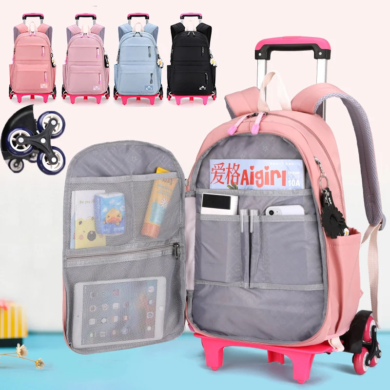 School Backpack Bag Set for Girls Trolley Bag with Wheels Student Rolling Backpack Multifunctional