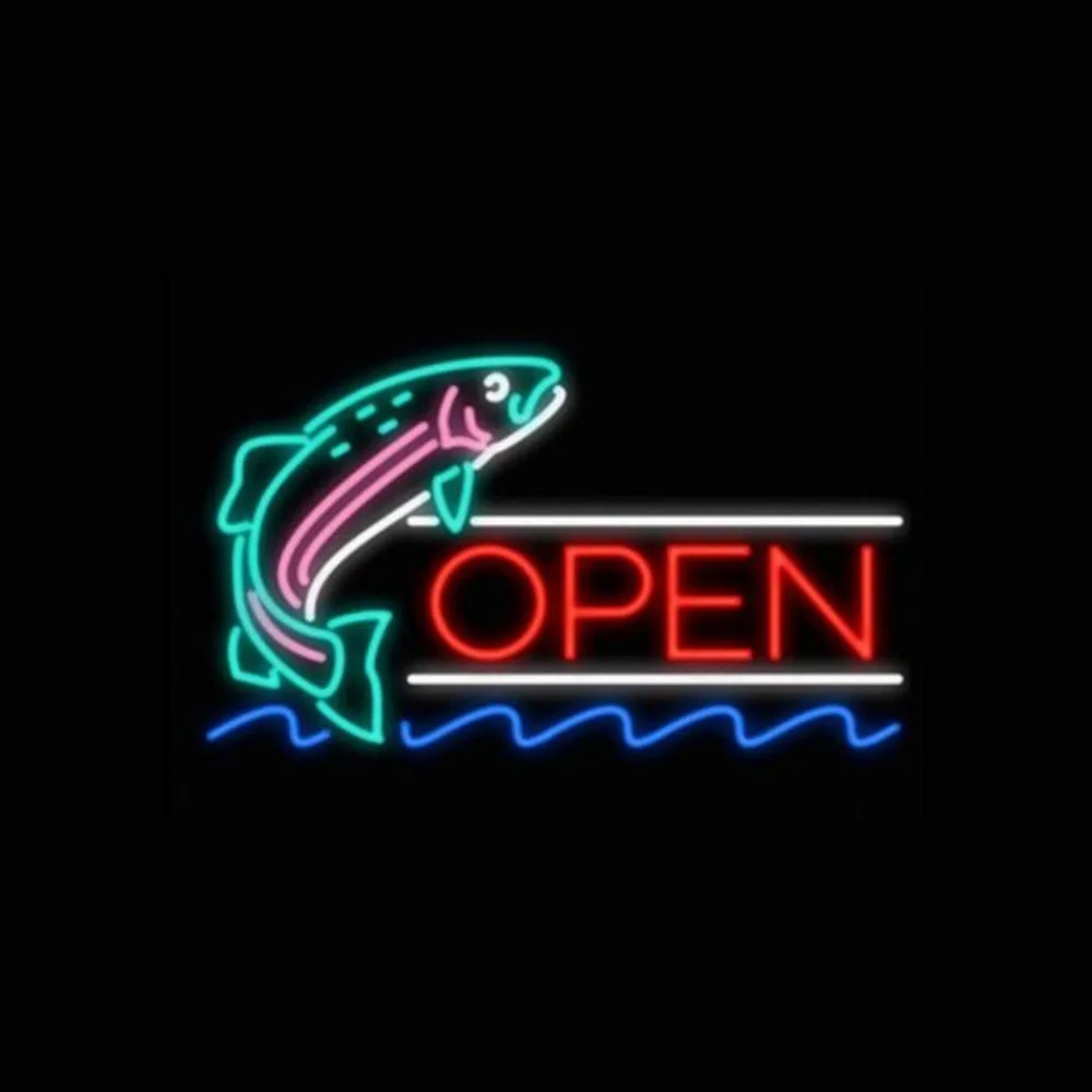 Imagem -02 - Open Fish Seafood Custom Neon Sign Light Handmade Real Tubo de Vidro Restaurante Room Decor Loja Wall Anuncie Display 17 x 14