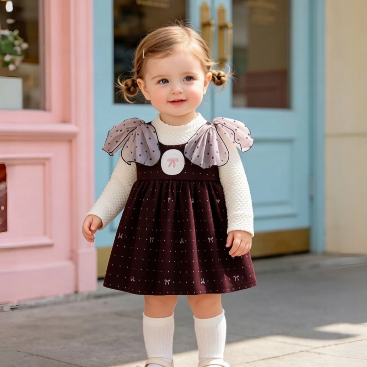 Newborn Autumn And Winter New Baby Girl Long Sleeved Dress Sweet Retro Polka Dot Birthday Dress Fashionable Outdoor Outfit