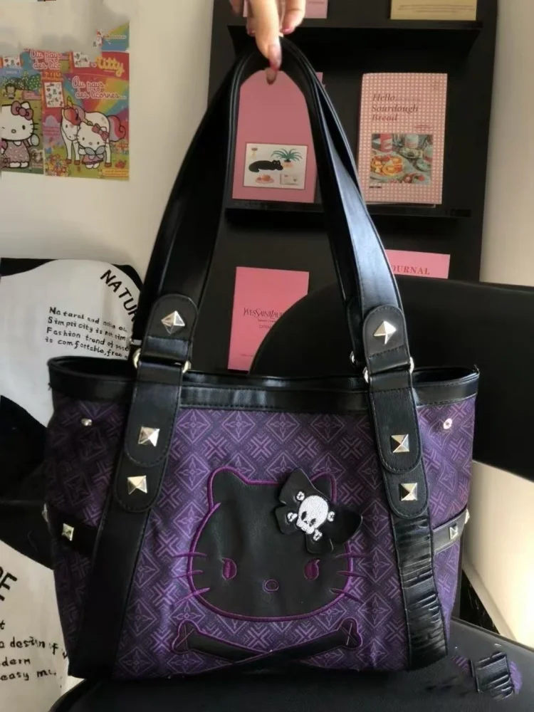 

Sanrio Hello Kitty Shoulder Bag Vintage Patchwork Purple Armpit Bag Subculture Y2K Sweet Girl Handbag Gothic Versatile Tote Bags