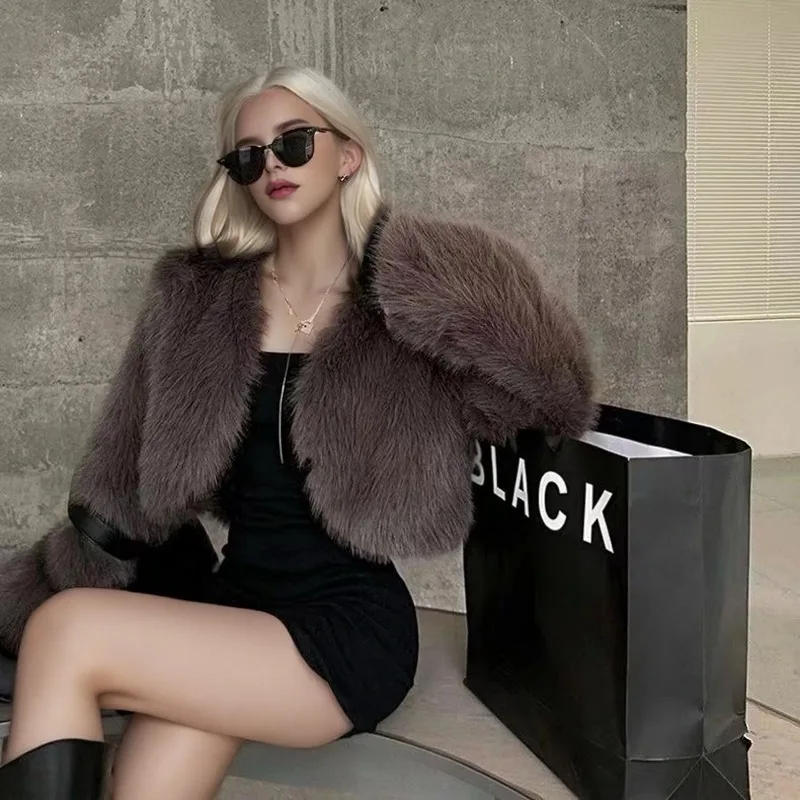 Fashion Y2k Fur Cardigan Cropped Jacket Cut Loose Fall Winter Warm Faux Fur Coat Fluffy Long Sleeve Outerwear Office Lady Jacket