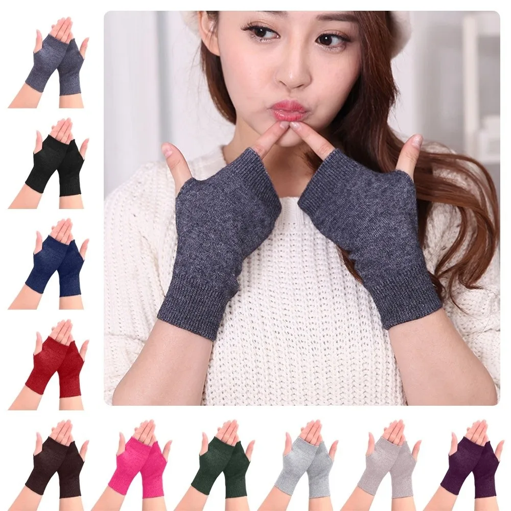 Fashion Fingerless Cashmere Gloves Wrist Length with Thumb Hole Knitted Wool Gloves Warm Mitten Unisex