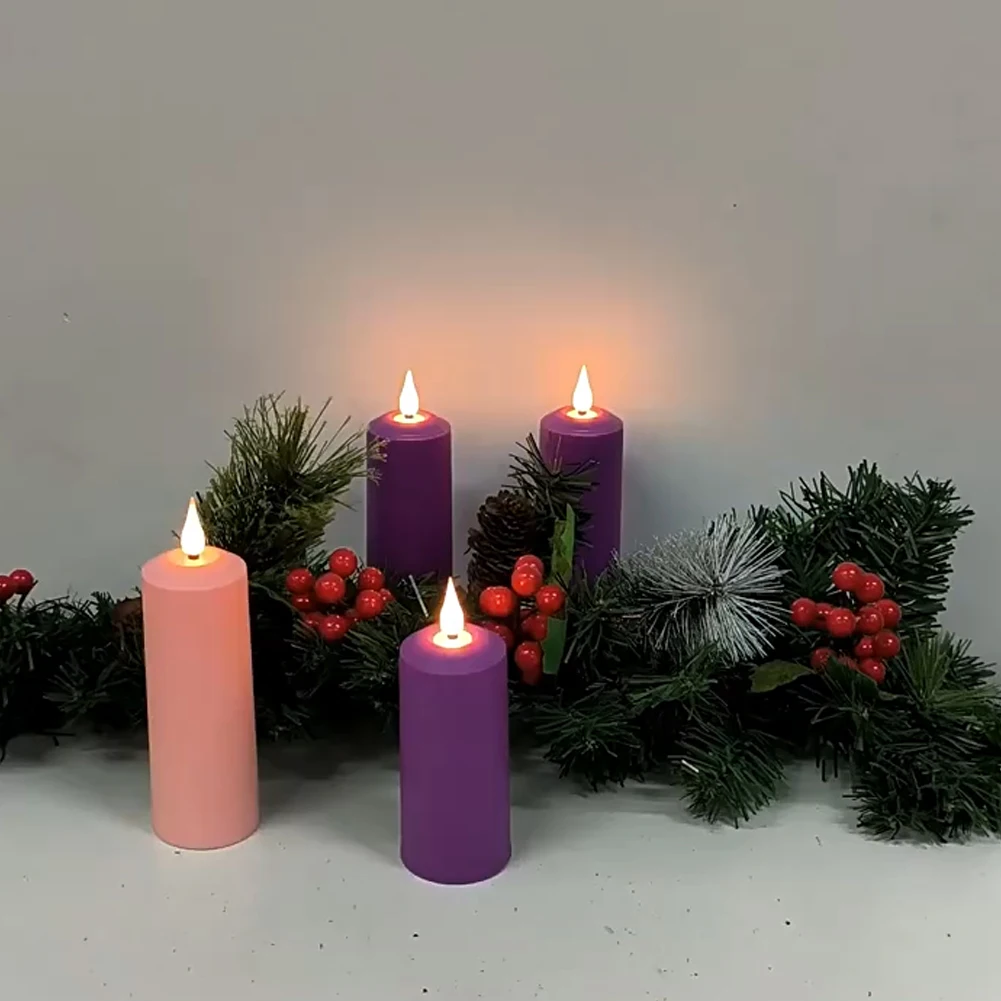 3Pcs LED Candles Timer USB Rechargeable Flickering Electric Pillar Candles with USB Cable Indoor Outdoor Electronic Pink Candles