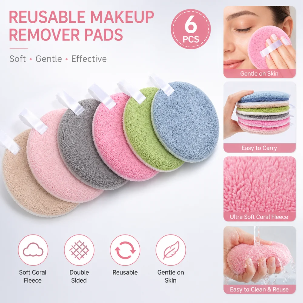 6 Pcs Set Coral Fleece Face Wash Pads Round Shape Double Sided Facial Cleansing Cloth Absorbent Thickened Skincare Tool Pads