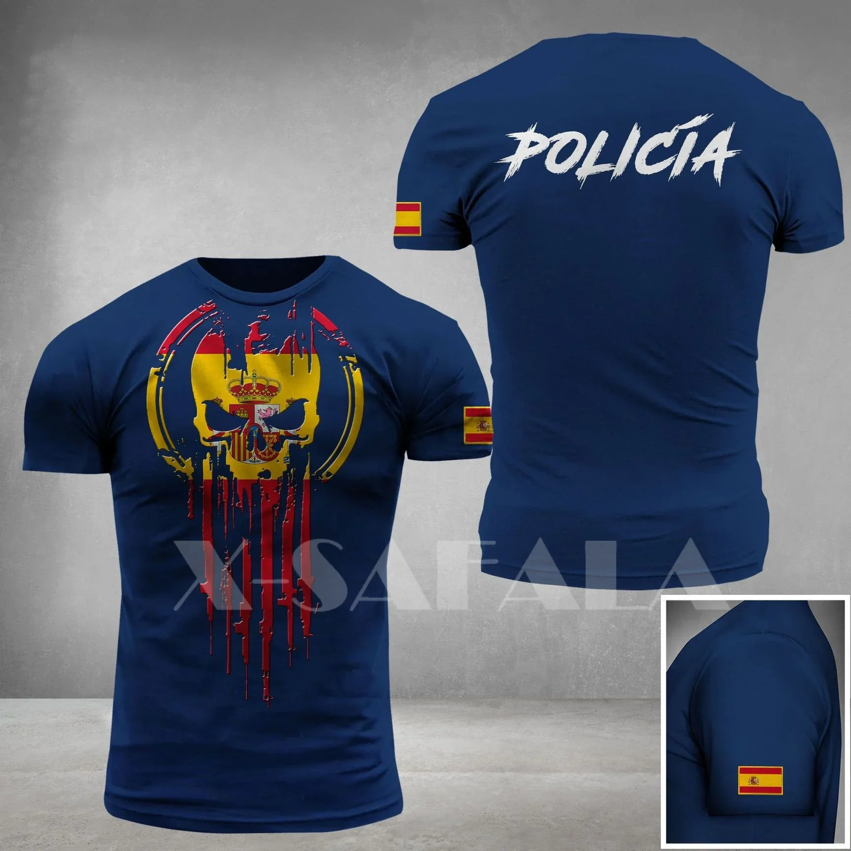 Spanish BLUE LINE Police Skull Germany Portugal 3D Printed High Quality Milk Fiber T-shirt Round Neck Men Female Casual Tops-1