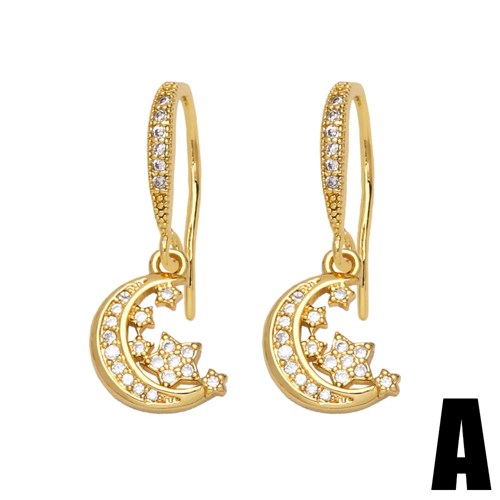 Copper Zircon Moon ＆ Star Drop Ear Boukle for Women Girls Gold-Plated Could Dark Clouds Earrings  Fashion White CZ Jewelry Gifts