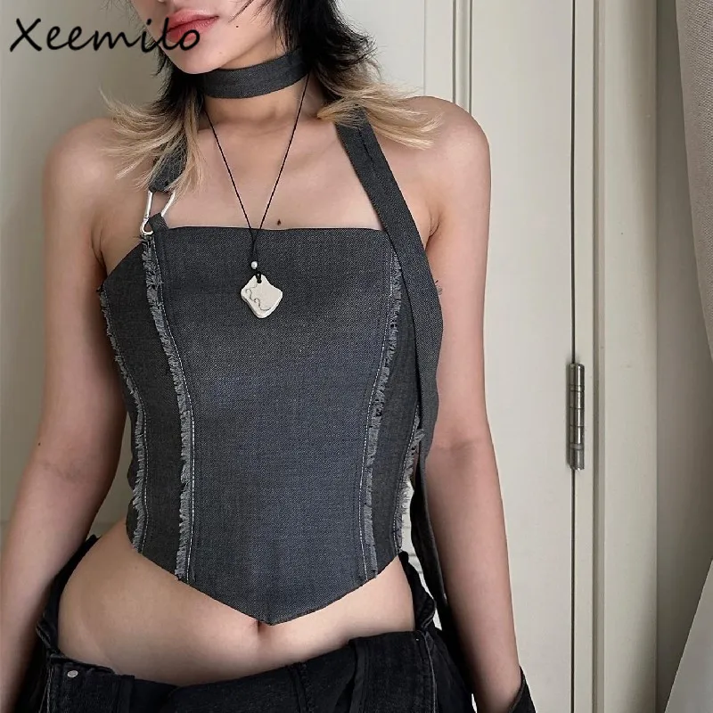 

Xeemilo Y2K Sleeveless Irregular Shape Tank Top Grunge Gothic Strapless Backless Crop Tops 2023 Summer Party Streetwear Camisole