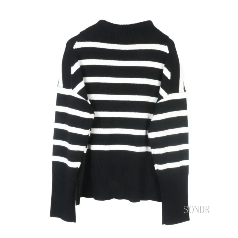 Black White Striped Half Zipper Lapel Sweater Women 2024 Autumn Winter Tops Sueter Mujer Classic Contrast Color Pullover Sweater