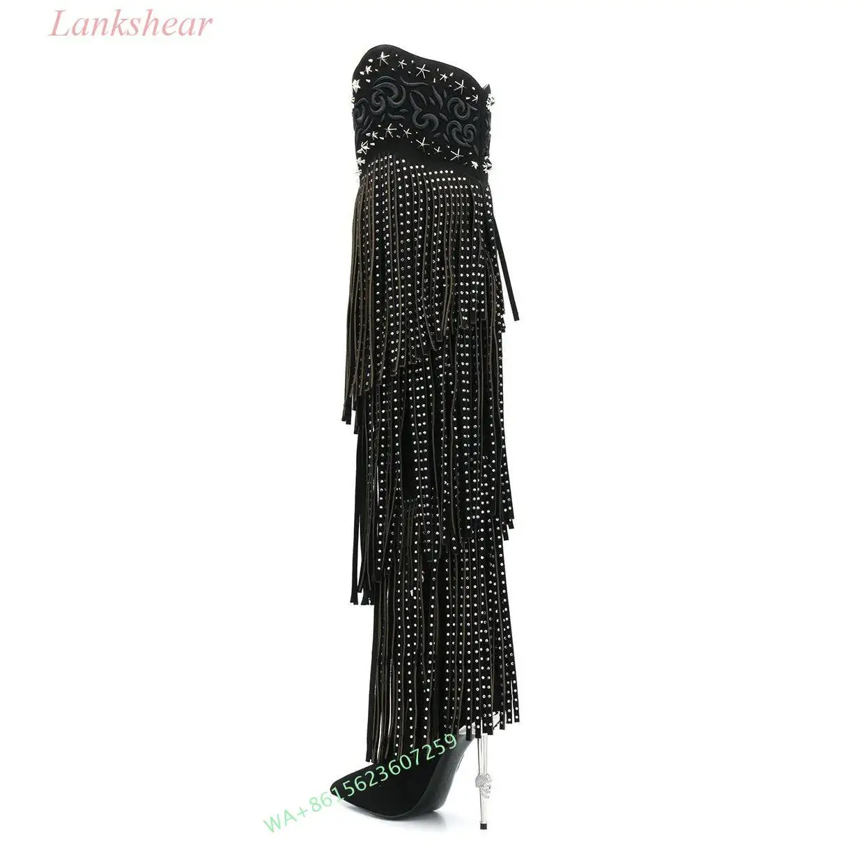 Vintage Crystal Embellished Fringe Overknee Boots Winter Pointed Toe Thigh High Cowboy Boots Design Metal High Heels Party Shoes