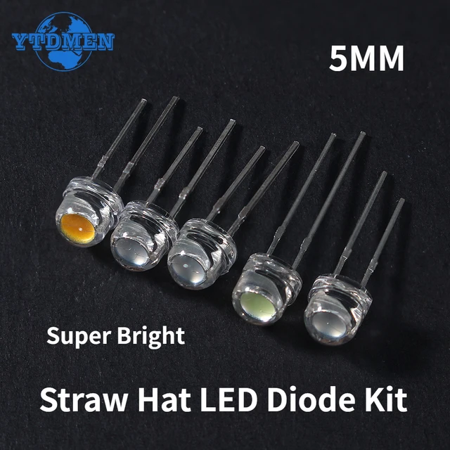 50/100PCS Słomkowy kapelusz LED 5mm Super jasna dioda LED F5 Dioda elektroluminescencyjna Niebieski Zielony Czerwony Żółty Biały, do majsterkowania elektronicznego