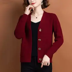 Suéteres Vintage para mujer, abrigo de manga larga con cuello en V, cárdigans sólidos sueltos, suéter informal de punto con botones, Otoño e Invierno