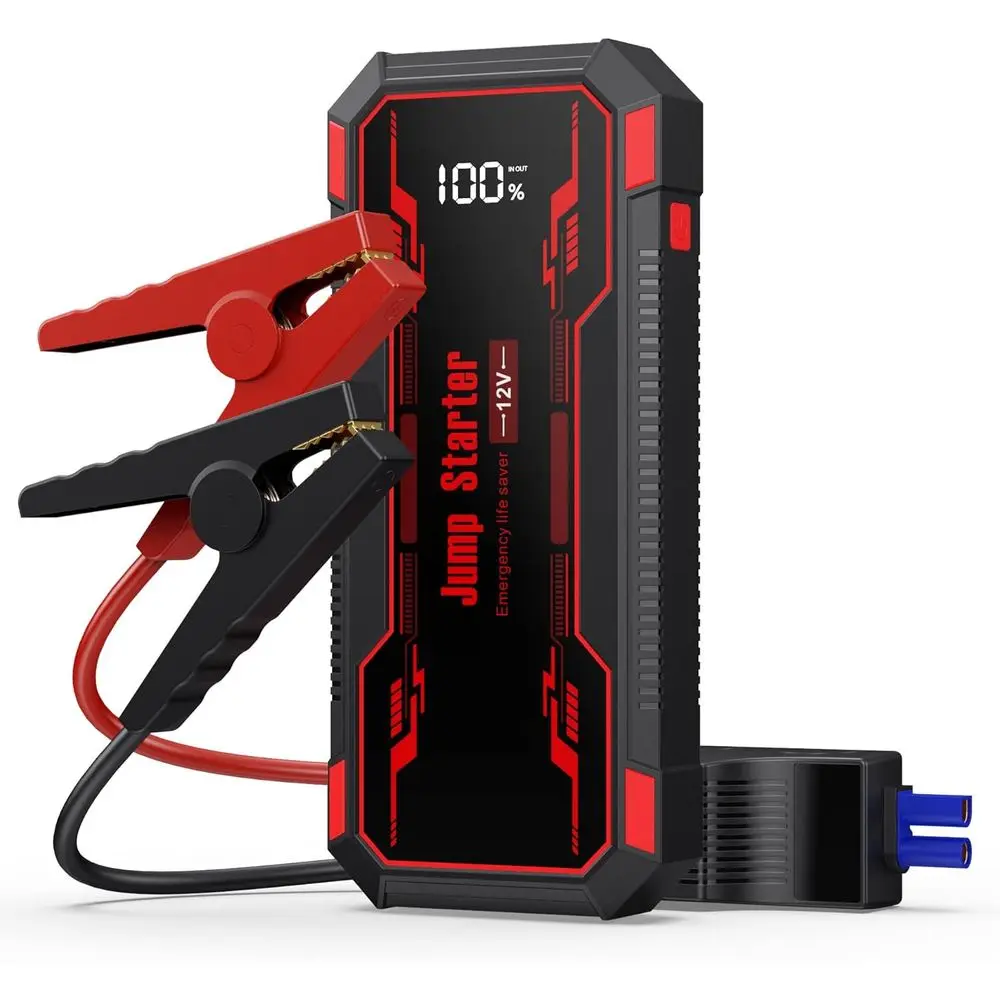

6000A Portable Car Jump Starter with 12V Battery, LCD Display, Jumper Cables & Flashlight - Red