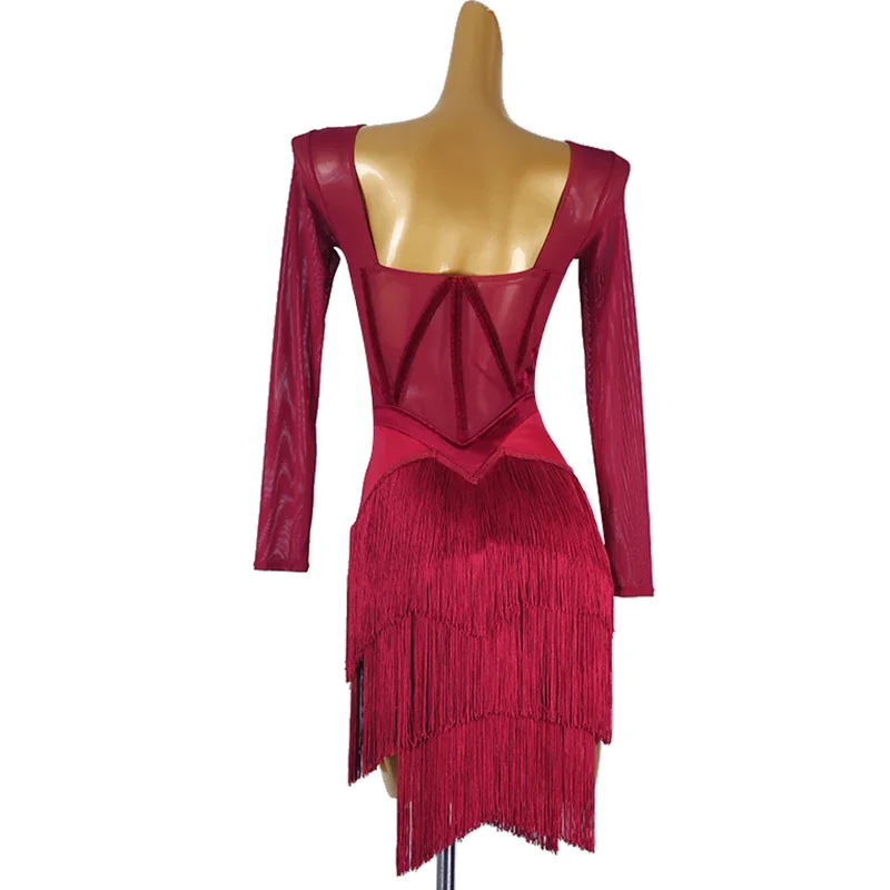 Nowa sukienka do tańca latynoamerykańskiego z frędzlami dla kobiet, na występy, salsę, rumby, imprezy, z długim rękawem, strój sceniczny do tańca towarzyskiego, 2025