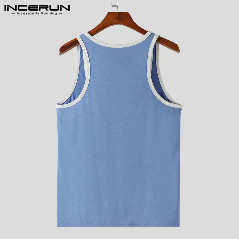 INCERUN Tops 2024 American Style New Men Contrasting Color Patchwork Large Tank Tops Leisure Streetwear Sport U-neck Vests S-5XL