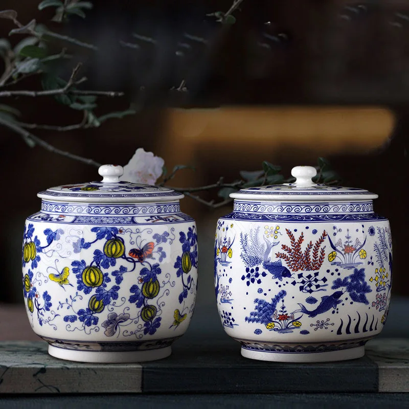 

Chinese Pastoral Blue and White Porcelain Tea Organizer with Lid Creative Painted Seal Tea Container Coffee Table Desktop Decor