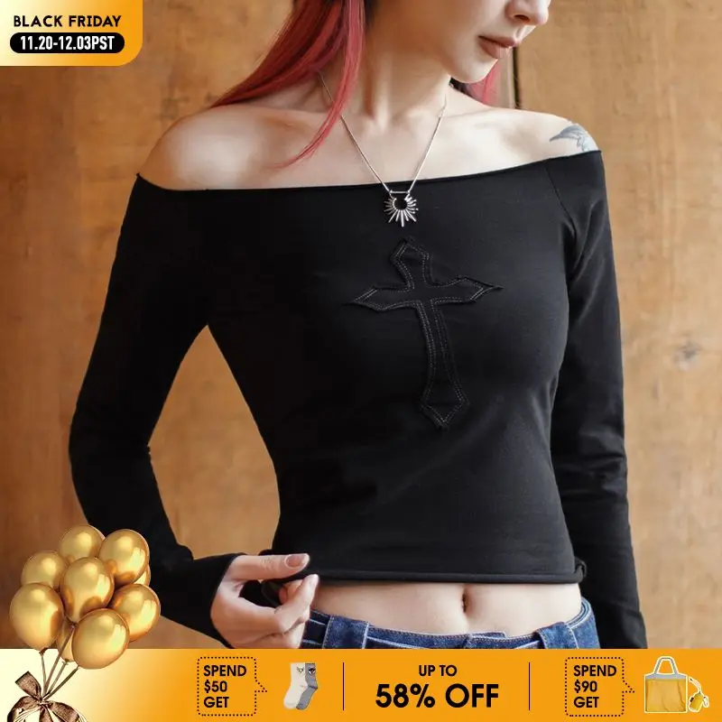 

Maden Casual Black Off-Shoulder Long Sleeve Crop Top Women's Spring and Summer Slim Sexy Midriff Baring Pullover Layering Tee