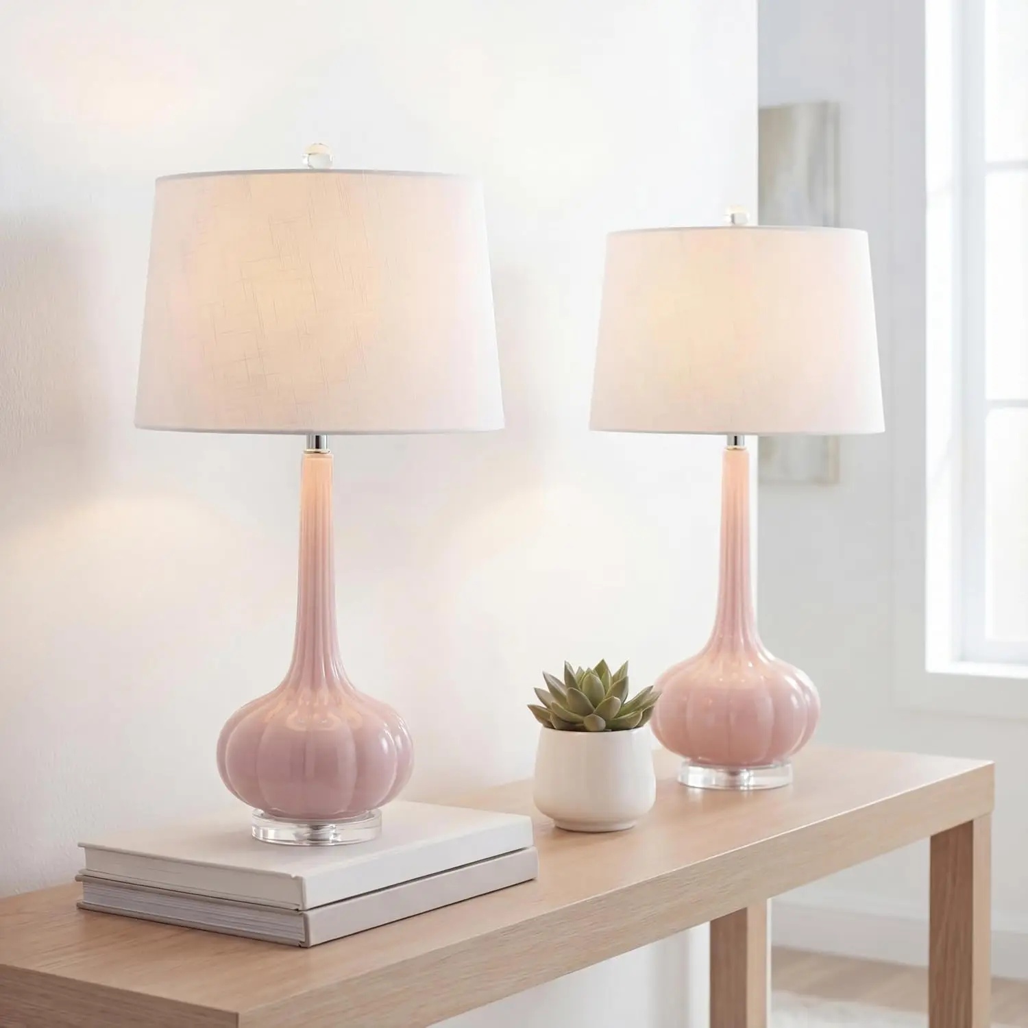 Set of 2 Pink Teardrop Glass LED Table Lamps, 28.5" Contemporary Bedside Desk Lamp for Bedroom Living Room Office view 2