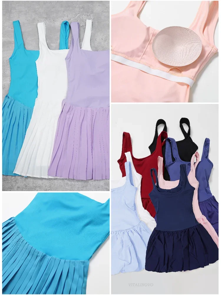 VITALINOVO Workout Tennis Dress with Built in Shorts Square Neck Padded Workout Dress with Pockets Golf Athletic Mini Dresses