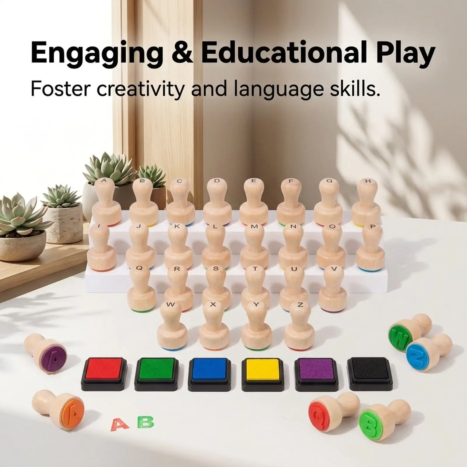 26Pcs Kids Wooden Alphabet Stamps Practical Gift Homeschool with Ink Pads Children Fun Easy to Use Letter Stamp Set Learning Toy